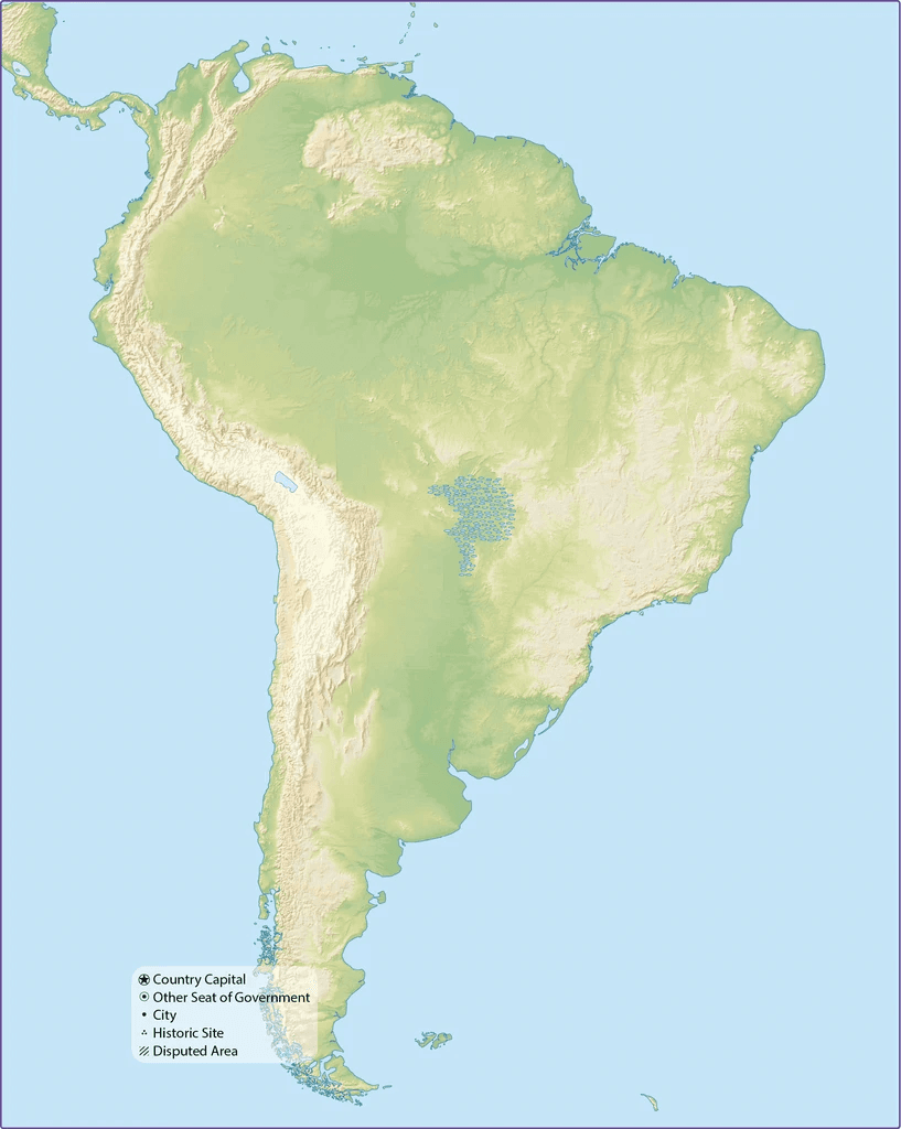 Physical terrain map of South America without labels