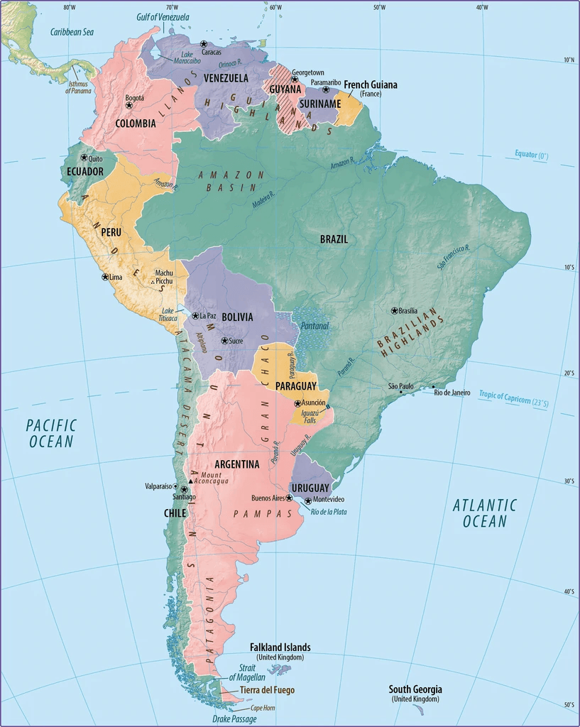 Political map of South America with colored countries and coordinates