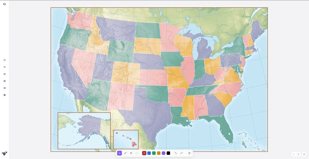 United States map with a floating annotation toolbar along the bottom