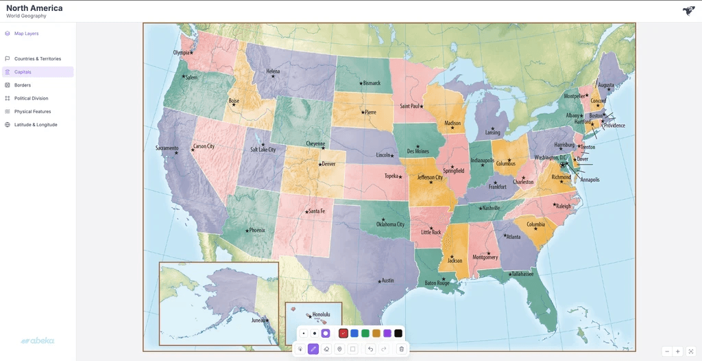 North America map with a Map Layers sidebar and annotation toolbar