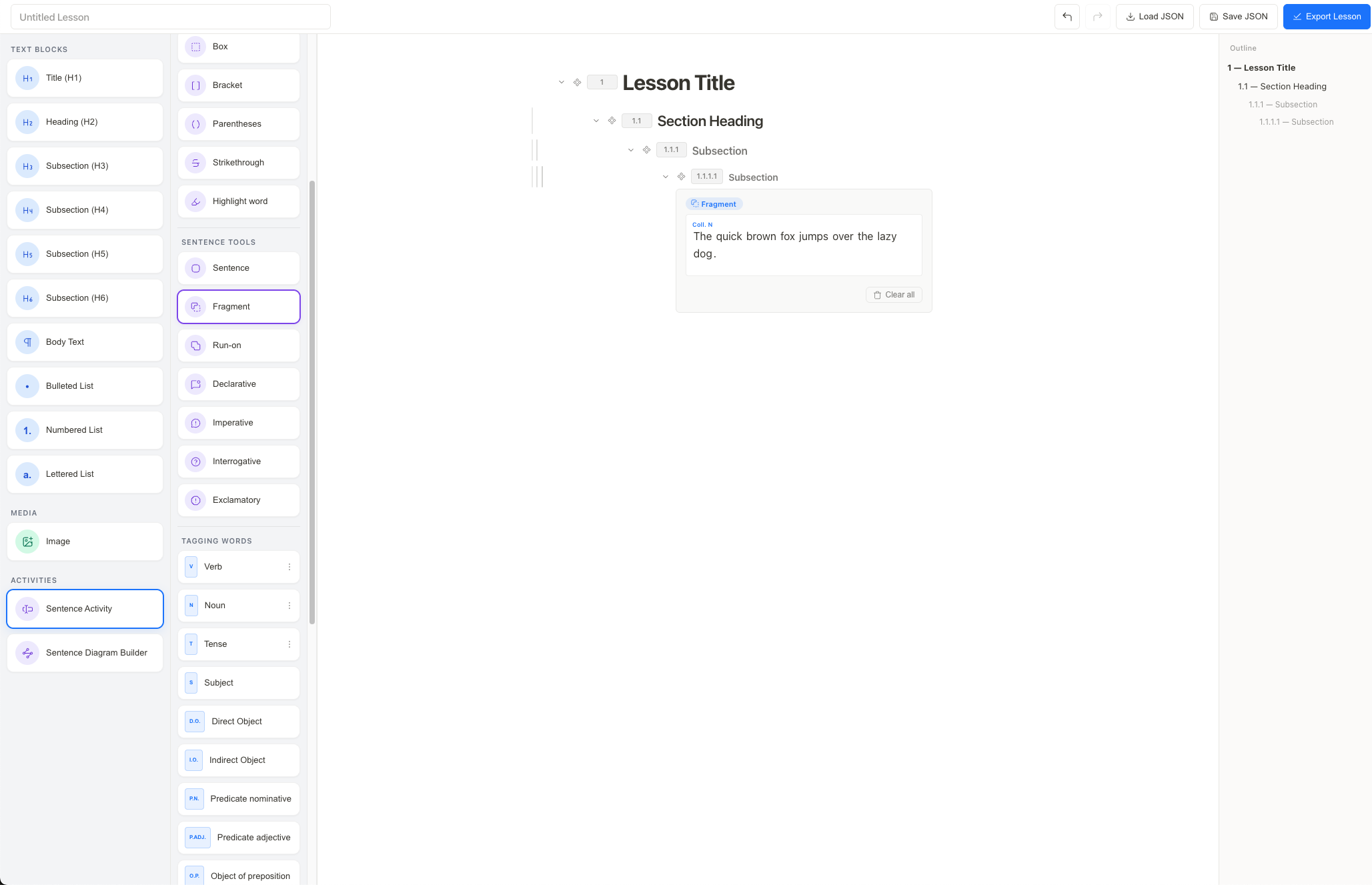 MVP authoring workspace with content blocks and outline panel