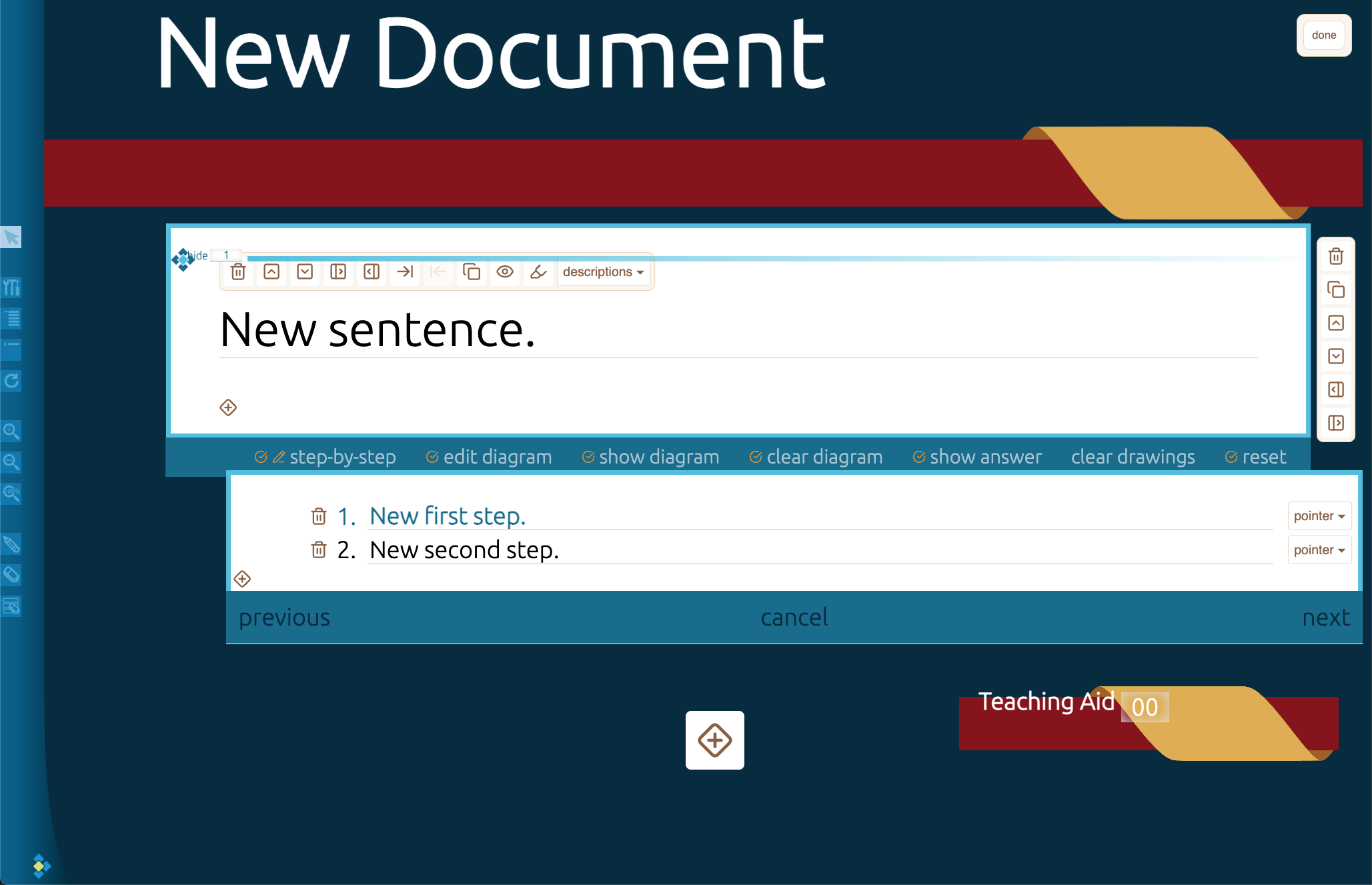 Blue production editor with sentence steps and diagram controls